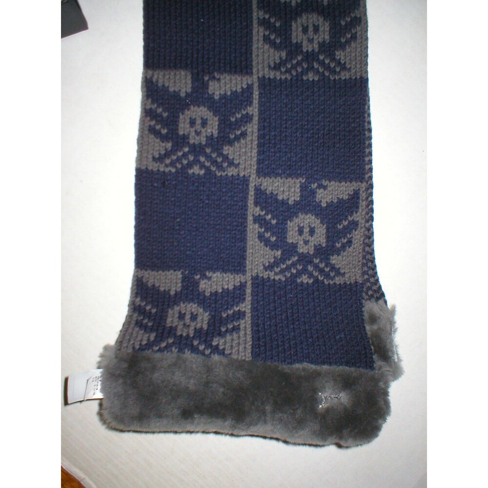 New 65 x 10 Australia Luxe Scarf Long Gray Blue Skull Dove Shearling Fur Womens - Picture 7 of 8